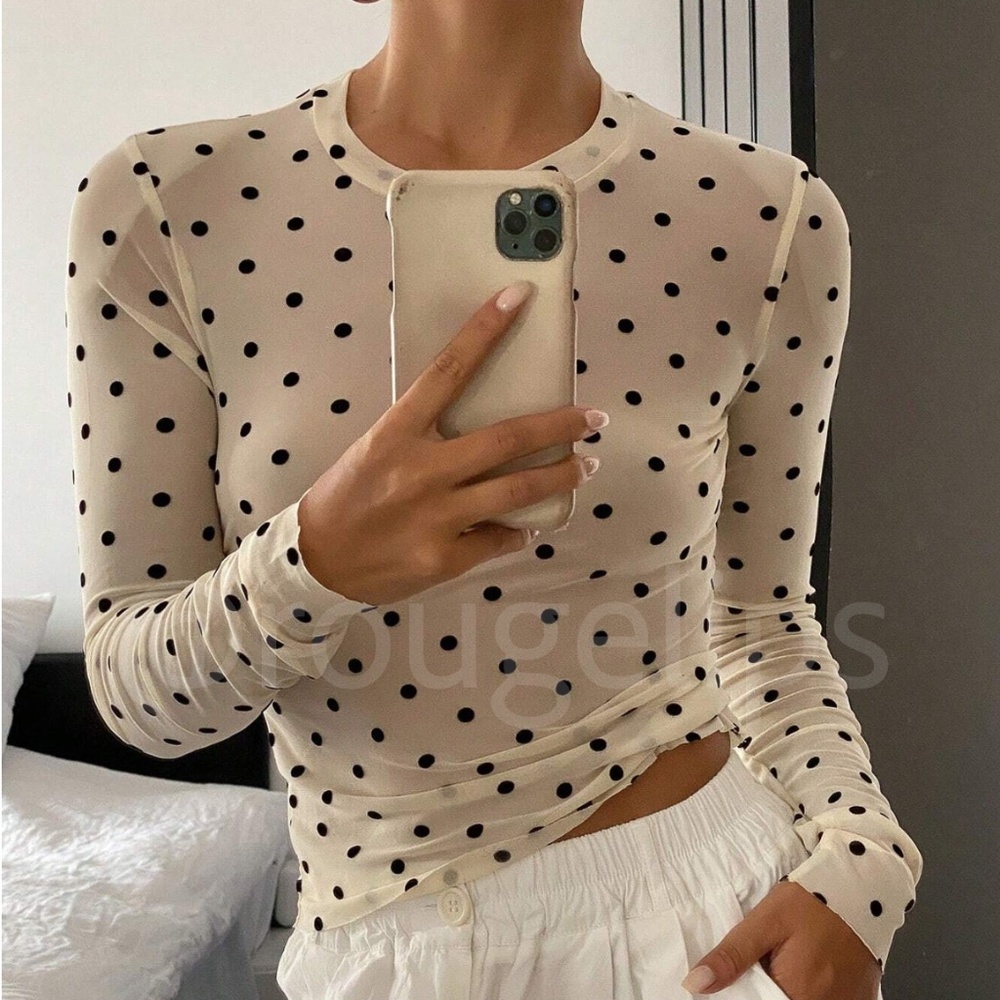 Cream Off White Polka Dot Mesh Sheer Long Sleeve Tee Shirt Top